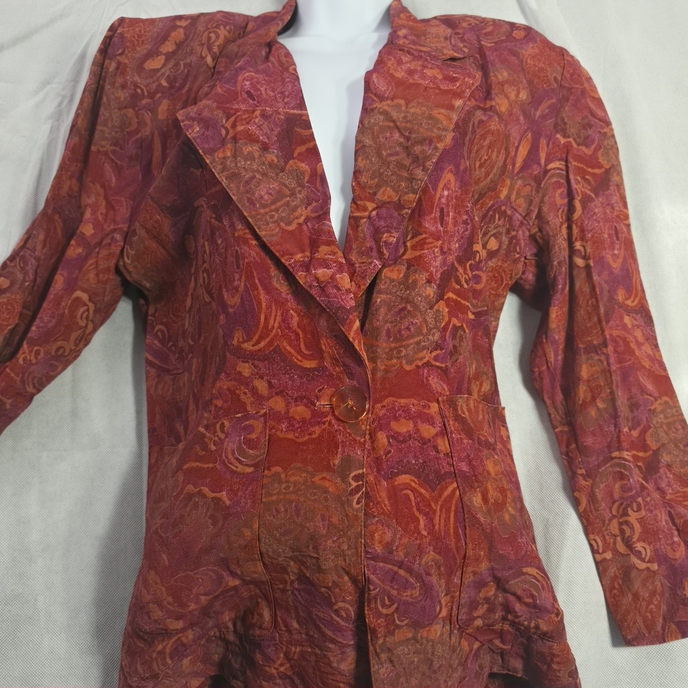 Vintage San Moire Paisley Bohemian Womens M Red Orange Blazer  W/shoulder pads